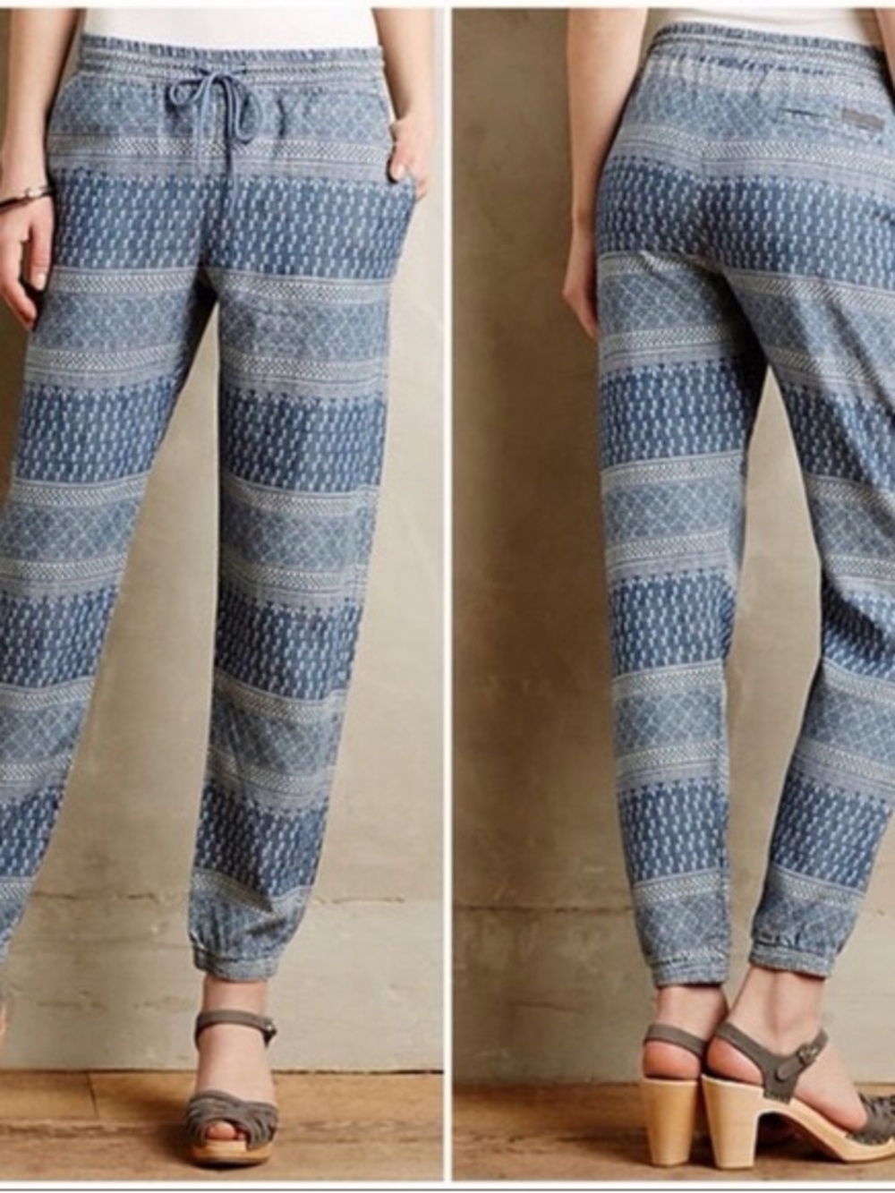 Anthropologie Level 99 Blue Patterned Drawstring Joggers Linen Tencel XL